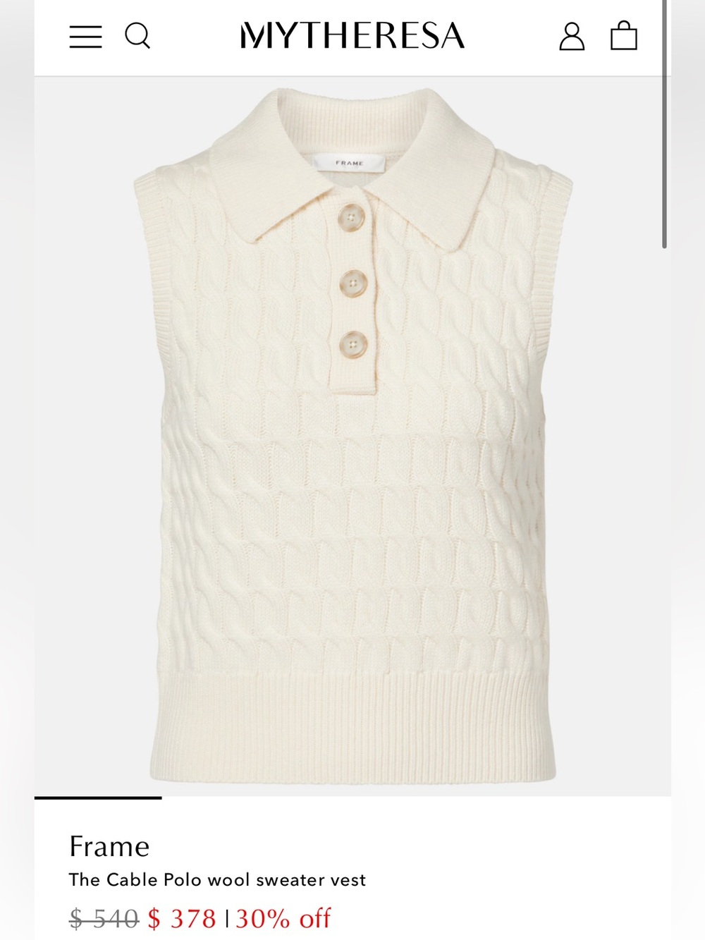 NWT FRAME The Cable Knit Polo Vest in Cream - Picture 2 of 16
